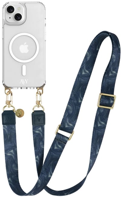 AVY Hoesje geschikt voor Apple iPhone 15 | Compatibel met MagSafe | Clear Case met Telefoonkoord 130CM | Crossbody Obscura Blue