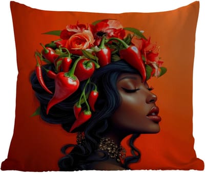 Sierkussen Buiten - Vrouw - Chilipepers - Pepers - Bloemen - 60x60 cm - Weerbestendig