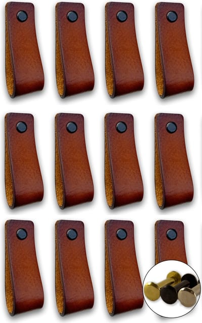 Leren handgrepen - Cognac - 12 stuks - 16,5 x 2,5 cm - incl. 3 kleuren schroeven- Handgrepen leer - Leren meubelgreep - Leren handvaten kast - Leren lus - Handgreep kast leer - Leren greepjes - Handvat leer - Leren deurgreep - Leren handgreep