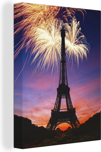 Canvas schilderij 120x160 cm - Wanddecoratie Vuurwerk boven de Eiffeltoren - Muurdecoratie woonkamer - Slaapkamer decoratie - Kamer accessoires - Schilderijen