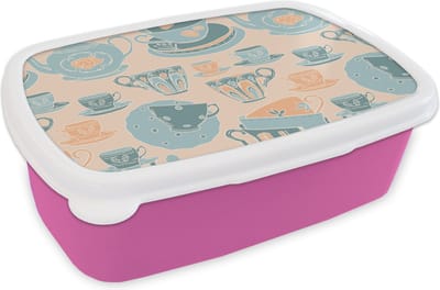 Broodtrommel Roze - Lunchbox - Brooddoos - Patronen - Vintage - Kopje - Thee - 18x12x6 cm - Kinderen - Meisje