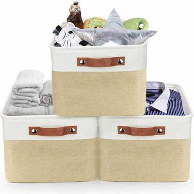 Tranquil Abode Opvouwbare Opbergmand - Set van 3 Stevige Stoffen Opbergmanden met Handgrepen - Opbergmand Kinderkamer voor Speelgoed - Opbergmandjes Badkamer - Opbergbox - Kast & Lade Organizer