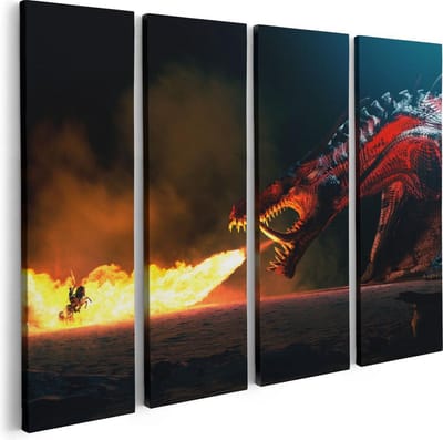 Artaza Canvas Schilderij Vierluik Draak Spuwt Vuur op een Paard en Knecht - 80x60 - Foto Op Canvas - Canvas Print