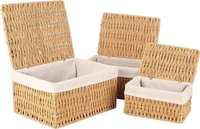 Opbergmanden Set met Deksel voor Badkamer, Woonkamer, Keuken - Gevlochten Papieren Touw - Boho Decoratie - Opbergdoos met Voering