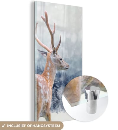 MuchoWow® Glasschilderij 20x40 cm - Schilderij acrylglas - Winter - Hert - Dieren - Foto op glas - Schilderijen