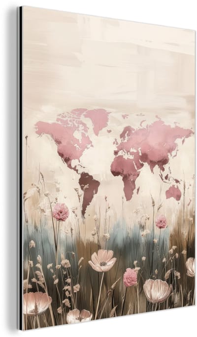 Aluminium schilderij 90x120 cm - Wanddecoratie metaal - Wereldkaart - Roze - Bloemen - Metalen muurdecoratie woonkamer - Decoratie industrieel - Foto op dibond - Industriële accessoires slaapkamer