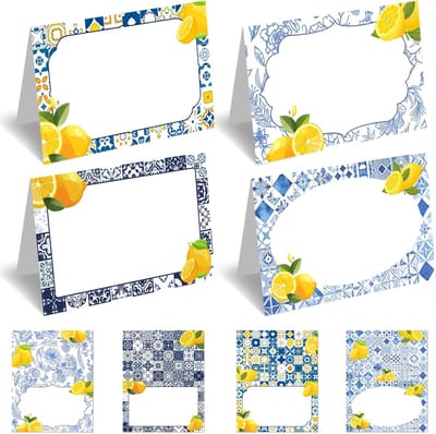 Plaatskaartjes - Amalfikust & citroen feestdecoratie voor bruiloften, diners, vrijgezellenfeesten - 4 ontwerpen, premium papieren plaatskaartjes met voedseletiketten