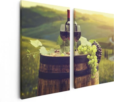 Artaza Canvas Schilderij Tweeluik Wijn met Druiven op een Vat in Toscane - 80x60 - Foto Op Canvas - Canvas Print