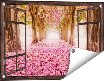 Gards Tuinposter Doorkijk Romantische Bomen Tunnel met Roze Anjers - 60x40 cm - Tuindoek - Tuindecoratie - Wanddecoratie buiten - Tuinschilderij