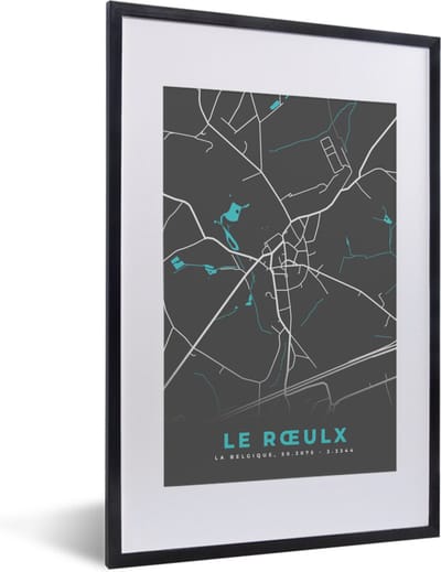 Fotolijst incl. Poster - Plattegrond – Le Rœulx – Blauw – Stadskaart - Kaart - 40x60 cm - Posterlijst
