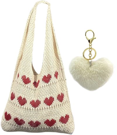 Dailygoods- Handtas grote capaciteit - Gebreide Schoudertas - Casual Dameshandtas - Pluche Sleutelhanger - Katoen - Abrikoos 37x52 cm