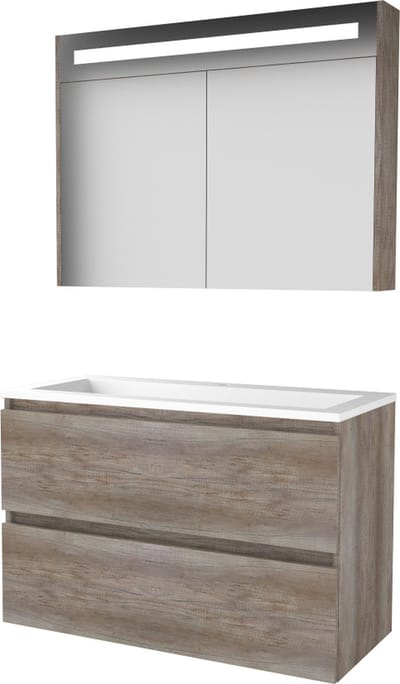Basic Premium 46 badmeubelset met spiegelkast met geïntegreerde LED verlichting, greeploze wastafelonderkast met 2 lades en acryl wastafel met 1