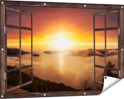 Gards Tuinposter Doorkijk Zonsondergang in de Bergen met Wolken - 120x80 cm - Tuindoek - Tuindecoratie - Wanddecoratie buiten - Tuinschilderij
