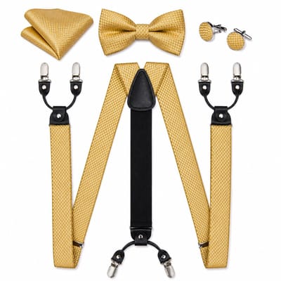 Sorprese Bretels Set Heren - 4 Delig - 100% Zijde - Bretels met Vlinderdas, Pochet & Manchetknopen - Goud Ruit - Luxe Cadeauset Heren