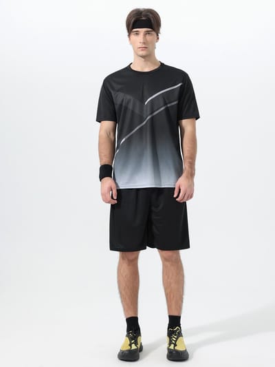 YOUTHUP Heren Tweekleurig Verloop Sneldrogende Sportset - Rond Hals T-shirt met Korte Broek - L