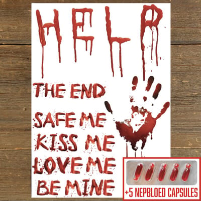 GetGlitterBaby® - Tattoo + Nep Bloed Capsules / Halloween Horror Decoratie Versiering / Carnaval Schmink Make Up Plak Tattoos / Tijdelijke Tattoo / Nep Tatoeage + Vloeibaar Dik Rood Bloed / Nepbloed / Nep Wond / Fake Kunst Blood - 5 Capsules
