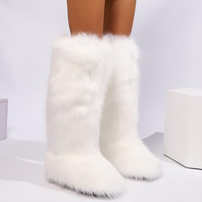 Dames Knielange Fuzzy Faux Fur Laarzen - Zacht, Warm en Comfortabel Instapmodel met Platte Hak Dames Pluche Warme Plateauschoenen 38 wit