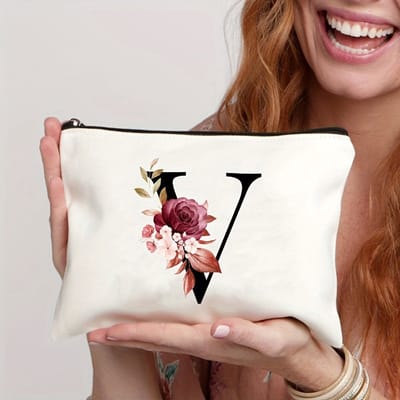 Gepersonaliseerde make-up tasjes van A tot Z - Verjaardagscadeaus - Unieke cadeaus voor bruiden en bruidsmeisjes, met bloemenmotieven, geschikt als bedankjes en voor het organiseren van cosmetica,De letter V