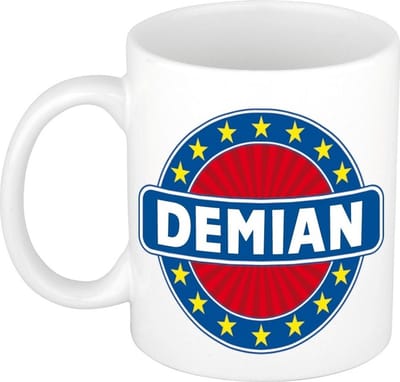 Bellatio Decorations - Demian voornaam - koffiemok - beker - wit/blauw - 300 ml - Cadeau - Heren - Collega - Vaderdag - Verjaardag