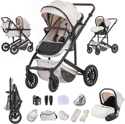 3-in-1 Kinderwagen met Autostoel en Reiswieg - Verstelbare Armleuningen, Regenbescherming en Muggennet - Ideaal voor Baby's van 0-4 Jaar