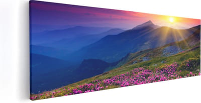 Artaza Canvas Schilderij Bloemen - 60x20 cm - Wanddecoratie Bergen - Muurdecoratie Zonsondergang - Kamer Accessoires