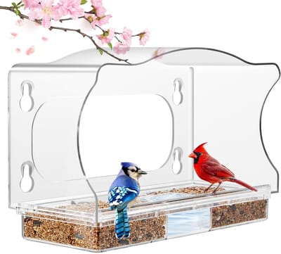 Voederhuisje voor vogels in het raam - Voederhuisje voor vogels in het raam van helder acryl - Eekhoornbestendige voederhuisje voor vogels in het buitenhuis - Reinigbaar - Geschikt voor vogelspotten, tuindecoratie - Transparant