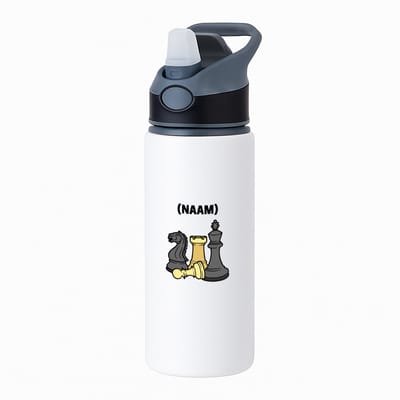 Hacebo® - Schaken met eigen naam waterfles met rietje zwart - Schaken - Schaker - Denksport - water fles - 650ML