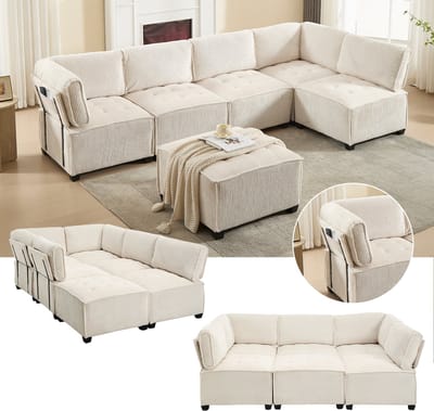 Modulair 6-zits corduroy bankstel - omvormbaar tot U-, L-vorm en slaapsofa - 308 cm, beige - opbergvakken in de armleuningen - ergonomische rugleuning - stevig houten en metalen frame