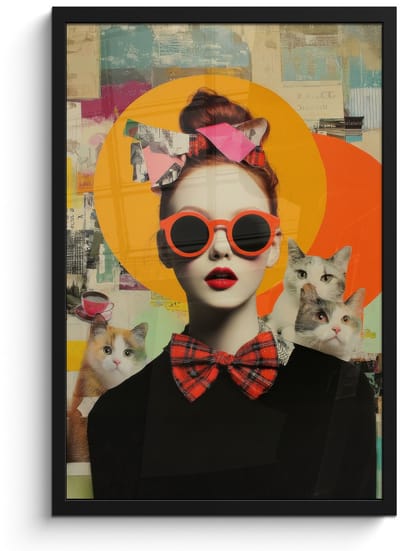 Poster in lijst - Fotolijst 40x60 cm - Posters - Vrouw - Bril - Strik - Retro - Posterlijst zwart - Decoratie - Wanddecoratie woonkamer - Muurdecoratie slaapkamer