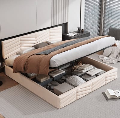 MEUNIQ gestoffeerd tweepersoons bed 160 x 200 cm met hydraulische opbergruimte, verstelbaar hoofdbord, lattenbodem en strependesign voor slaapkamer, beige
