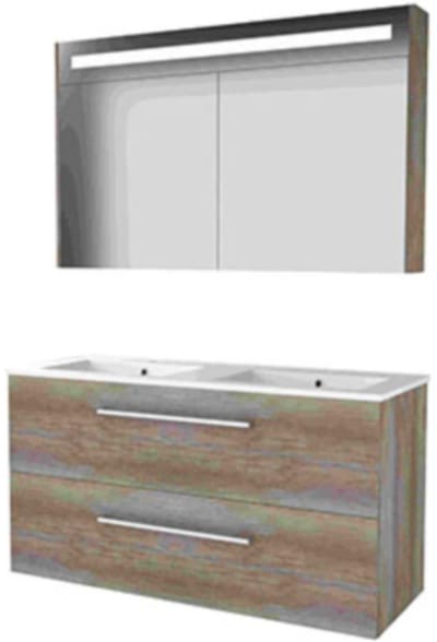 Basic-Line Premium 46 Badkamermeubelset - 120 x 46 cm - Met Grepen - 2 Lades - Keramische Wastafel - 2 Kraangaten - Spiegelkast met LED Verlichting - Scotch Oak