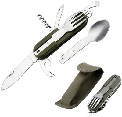 Bestek set opvouwbaar - Survival bestekset - Zakmes - Multitool - Kampeer bestek - Campingbestek - Mes / lepel / vork / opener / kurkentrekker / priem / hoesje - 7-in-1 - Outdoor gadget - RVS - Jonyx