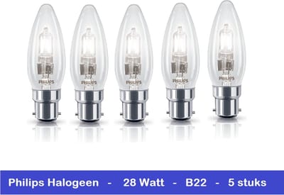 PHILIPS HALOGEEN KAARS - 5 STUKS - B22 BAJONET FITTING - 28 WATT - DIMBAAR - 5 x 8718291737575