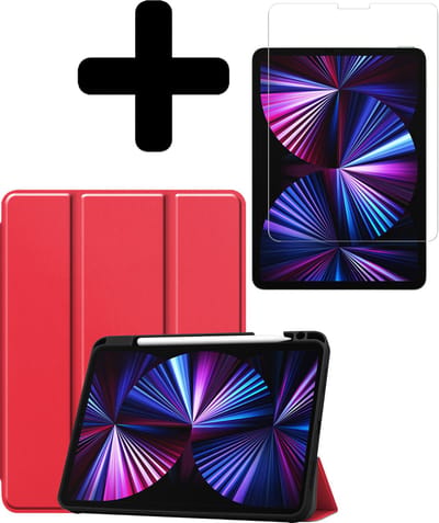 Hoesje - Geschikt voor Apple iPad Pro (2021) - 11 inch - 3e generatie - Met Screenprotector - Trifold Bookcase Hoes - Hard Cover Case - Met Uitsparing Geschikt voor Apple Pencil - Hardcover Book - Tablethoes - Rood