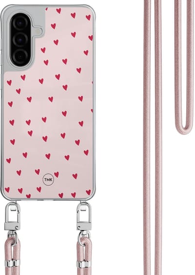Telefoonhoesje met koord geschikt voor Samsung A56 - Cute hearts - Inclusief Rosegoud koord - Transparant, Roze - Print - Crossbody beschermhoes - Met Telefoonketting