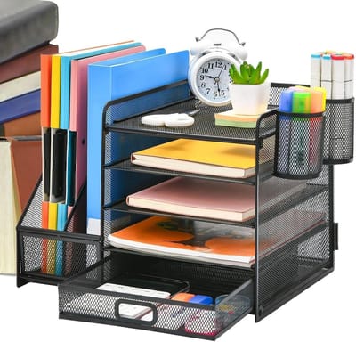 Bureau Organizer - Opbergrek Metaal - Kantoor Opslag - Met Schuiflade Vijl - 35 x 28 x 30.5 cm - Zwart