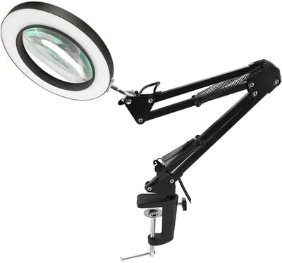 Bureaulamp met Geïntegreerde LED Verlichting - 3x Vergroting - Tafelklem - Dimbaar met 10 Lichtniveaus - 360° Flexibele Arm - Ideaal voor Hobbywerk, Diamond Painting, Borduren & Solderen