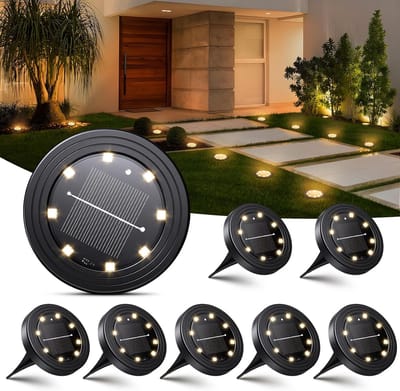 Solar Grondspots Tuinverlichting Set van 8 - IP68 Waterdicht & Weerbestendig - 8 LED's Warm Wit - Tuinlampen op Zonne-energie met Lichtsensor - Zwart