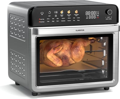 Klarstein Airfryer AirGlaze Digitale Kleuren Heteluchtfriteuse – 34 liter, 2000W, 16 Programma's, Rotisserie, Touchscreen, 40-350 °C, Pizzasteen & Grillroosters, Roestvrij Staal, Dubbelwandige Deur, Zwart - voor Keuken - Heteluchtoven