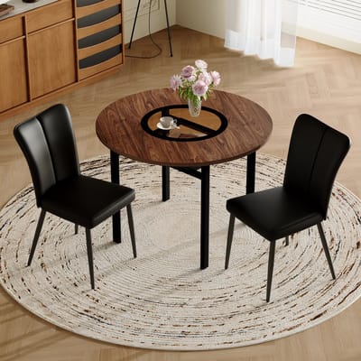 MODENUIT Eettafelset 100 cm - Ronde Tafel Met 2 Stoelen - Eetkamer en Keuken - Glas Metaal Kunstleer - Bruin Zwart