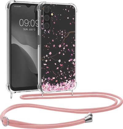 kwmobile telefoonhoesje geschikt voor Samsung Galaxy A14 5G - Hoesje met telefoonkoord - Back cover voor smartphone - Case in poederroze / donkerbruin / transparant