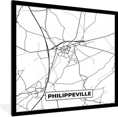 Fotolijst incl. Poster Zwart Wit- België – Philippeville – Stadskaart – Kaart – Zwart Wit – Plattegrond - 40x40 cm - Posterlijst