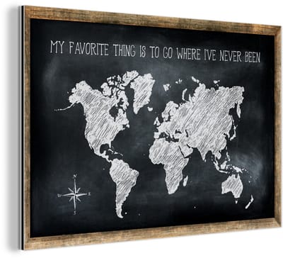 Aluminium schilderij 180x120 cm - Wanddecoratie metaal - Wereldkaart - Quote - Krijtbord - Metalen muurdecoratie woonkamer - Decoratie industrieel - Foto op dibond - Industriële accessoires slaapkamer