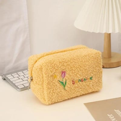 Schattige Cosmetische Opbergtas Geborduurde Bloemen Make-uptas Etui Zachte pluche Make-uptas voor Lippenstift Sieraden Pouch