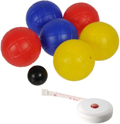 Jeu de boules set met 6 ballen + compact meetlint/rolmaat 1,5 meter - Complete kaatsbal/petanque set - Actief buitenspeelgoed voor kinderen
