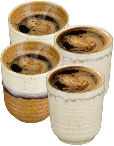 Mica Decorations Koffiemok Ethan - 4x - terra en creme kleur - zonder oor - 7 x 8 cm - porselein