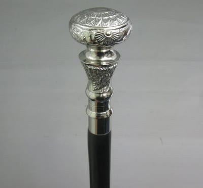 Medieval Replica Walking Stick with Silver Floral Button - Elegant Black Design