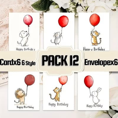 Verjaardagskaarten Set met Enveloppen - 6 Dieren Designs met Ballon - 12 Delig (6 Kaarten + 6 Enveloppen) - Happy Birthday Wenskaarten