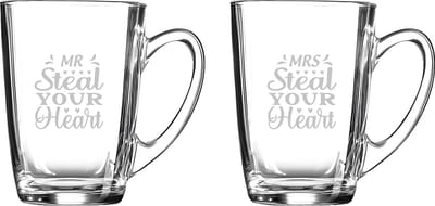 Gegraveerde set Theeglazen 32cl Mr. Steal your heart - Mrs. Steal your heart