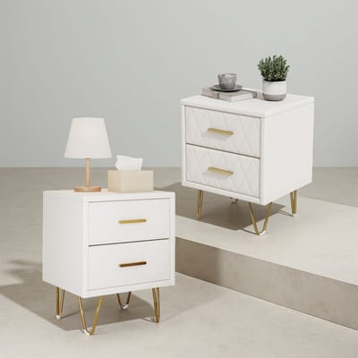 Set van 2 Beige Nachtkasten met PU-Bekleding & 2 Lades, Gouden Grepen, Modern